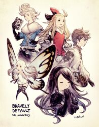 Rule 34 | 2boys, 3girls, agnes oblige, ahoge, airy (bravely default), anniversary, armor, armored dress, belt pouch, black gloves, black hair, blonde hair, blue eyes, book, bow, bravely default: flying fairy, bravely default (series), brown hair, butterfly wings, closed eyes, dress, edea lee, elbow gloves, fairy, fairy wings, fur trim, gloves, hair bow, hairband, holding, holding book, insect wings, long hair, mini person, minigirl, multiple boys, multiple girls, official style, own hands together, parody, pointy ears, pompadour, pouch, praying, ringabel, satou kivi, short dress, short hair, simple background, smile, strapless, strapless dress, style parody, tiz arrior, white dress, white hair, wings