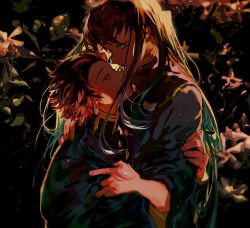Rule 34 | 2boys, brown hair, checkered clothes, couple, demon slayer uniform, earrings, eye contact, fishcoooo, floral background, from side, garden, green eyes, green hair, hand on another&#039;s arm, haori, hug, japanese clothes, jewelry, kamado tanjirou, kimetsu no yaiba, long hair, long sleeves, looking at another, male focus, multicolored hair, multiple boys, profile, red eyes, red hair, short hair, tokitou muichirou, two-tone hair, upper body, very long hair, yaoi