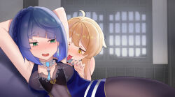 Rule 34 | 2girls, absurdres, armpits, arms up, bare shoulders, black romper, blonde hair, blue hair, blush, breasts, chinese commentary, commentary request, earrings, genshin impact, green eyes, highres, indoors, jewelry, letterboxed, licking, licking armpit, looking at another, lumine (genshin impact), multiple girls, necklace, open mouth, pink nails, romper, shirt, tongue, tongue out, yehangqi3642, yelan (genshin impact), yellow eyes, yuri