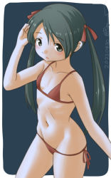 Rule 34 | 1girl, bikini, black hair, commentary request, cowboy shot, dated, flat chest, grey eyes, kantai collection, long hair, mikuma (kancolle), official alternate costume, one-hour drawing challenge, ray.s, red bikini, side-tie bikini bottom, solo, swimsuit, twintails, twitter username