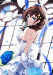Rule 34 | 1girl, ahoge, alternate costume, back bow, backless dress, backless outfit, blue eyes, blue flower, bow, braid, bridal veil, brown hair, commentary request, dress, elbow gloves, flower, from behind, gloves, hachiware (8ware63), hair flaps, hair over shoulder, highres, kantai collection, looking at viewer, shigure (kancolle), shigure kai ni (kancolle), single braid, solo, strapless, strapless dress, twitter username, veil, wedding dress, white dress, white gloves, window
