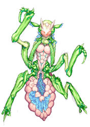 Rule 34 | alien, antennae, arthropod girl, breasts, bug, claws, female focus, furry, furry female, glowing, highres, kanemaki thomas, monster, monster girl, multiple legs, muscular, no humans, praying mantis, slime (substance), solo, white background