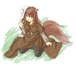 Rule 34 | 00s, animal ears, brown eyes, brown hair, holo, long hair, sitting, smile, solo, spice and wolf, tail, wolf ears, wolf tail, zero point