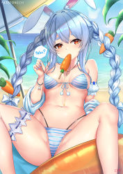 Rule 34 | 1girl, alternate costume, animal ear fluff, animal ears, beach umbrella, bikini, bikini pull, blue hair, blue nails, bracelet, braid, breasts, bridal garter, carrot hair ornament, clothes pull, cloud, cyicheng, food, food-themed hair ornament, food in mouth, hair ornament, hololive, jacket, jewelry, long hair, looking at viewer, medium breasts, mouth hold, multicolored hair, nail polish, navel, necklace, patreon username, popsicle, rabbit ears, sitting, sky, solo, speech bubble, spread legs, stomach, striped bikini, striped clothes, swimsuit, thick eyebrows, thighlet, twin braids, two-tone hair, umbrella, unworn jacket, usada pekora, virtual youtuber, water, white hair