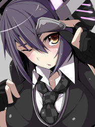 Rule 34 | 10s, 1girl, blush, breasts, close-up, eyepatch, eyepatch lift, fingerless gloves, gloves, headgear, kantai collection, kichihachi, large breasts, looking at viewer, necktie, one eye closed, open mouth, partially fingerless gloves, personification, purple hair, short hair, solo, tenryuu (kancolle), wink, yellow eyes