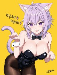 Rule 34 | 1girl, absurdres, ahoge, alternate costume, animal ear fluff, animal ears, armpit crease, bare shoulders, black bow, black bowtie, black leotard, black pantyhose, bow, bowtie, breasts, cat ears, cat girl, cat tail, commentary request, crossed bangs, detached collar, fangs, fingernails, gluteal fold, hair between eyes, heart, highleg, highleg leotard, highres, hololive, kittysuit, large breasts, leaning forward, leotard, light blush, long fingernails, looking at viewer, nail polish, nekomata okayu, nontraditional playboy bunny, nyan, open mouth, pantyhose, paw pose, playboy bunny, purple eyes, purple hair, purple nails, romaji text, short hair, signature, simple background, smile, solo, strapless, strapless leotard, tail, teeth, thigh gap, upper teeth only, virtual youtuber, white wrist cuffs, wrist cuffs, yellow background, zeiss