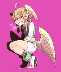 Rule 34 | 1girl, alternate costume, angel, angel wings, aohada bocchi, blonde hair, breath, clenched teeth, feathered wings, from side, graffiti, green eyes, gym uniform, head wings, lian (aohada bocchi), looking at viewer, midriff, pink background, pointy ears, pointy nose, shoes, shorts, socks, squatting, steam, steaming body, sweat, sweatdrop, teeth, twintails, white footwear, white shorts, wings, zyugoya