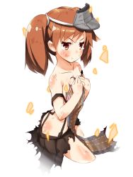 Rule 34 | 10s, 1girl, :t, bad id, bad pixiv id, bare shoulders, brown eyes, brown hair, kantai collection, long hair, off shoulder, ryuujou (kancolle), scroll, shina mama, skirt, solo, suspenders, tears, torn clothes, torn skirt, twintails