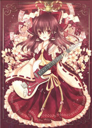 Rule 34 | 1girl, :d, ascot, bad id, bad pixiv id, bell, black hair, bow, brown hair, cherry blossoms, detached sleeves, female focus, flower, full body, guitar, hair bow, hair tubes, hakurei reimu, instrument, japanese clothes, jingle bell, long sleeves, looking at viewer, miko, nozomi fuuten, ofuda, open mouth, red eyes, ribbon, ribbon-trimmed sleeves, ribbon trim, skirt, skirt set, smile, solo, fender stratocaster, torii, touhou, wide sleeves