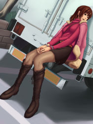 Rule 34 | 1girl, bad id, bad pixiv id, belt, between breasts, boots, breasts, brown eyes, brown hair, coat, cuffs, dutch angle, handcuffs, maasan, motor vehicle, pantyhose, sitting, skirt, solo, strap between breasts, truck, turtleneck, vehicle