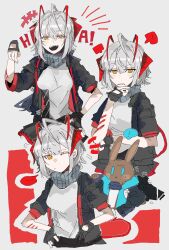 Rule 34 | 1girl, :d, absurdres, amiya (arknights), arknights, closed mouth, fingerless gloves, gloves, grey background, grey gloves, grey jacket, hand on own chin, highres, horns, jacket, looking at viewer, multiple views, notice lines, odmised, one eye closed, open clothes, open jacket, open mouth, orange eyes, rabbit, red horns, shirt, short sleeves, simple background, sketch, smile, teeth, upper teeth only, w (arknights), white hair, white shirt