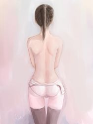 Rule 34 | 1girl, ass, back, bad id, bad pixiv id, black thighhighs, brown hair, clothes down, erica (mmelica), facing away, from behind, highres, leotard, mmelica, nape, original, partially undressed, pink background, ponytail, realistic, short hair, shoulder blades, signature, sketch, solo, thigh gap, thighhighs, topless