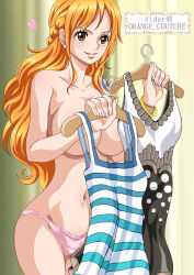 Rule 34 | 1girl, breasts, brown eyes, dress, earrings, highres, holding, holding clothes, jewelry, large breasts, long hair, nami (one piece), one piece, orange hair, panties, pink panties, rider (orange couture), smile, solo, tattoo, topless, underwear, underwear only