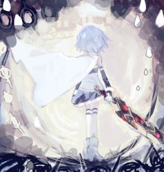 Rule 34 | 10s, 1girl, blue hair, cape, detached sleeves, drawr, from behind, gloves, magical girl, mahou shoujo madoka magica, miki sayaka, pleated skirt, short hair, skirt, solo, sword, thighhighs, urakata (uracata), weapon, white gloves, white thighhighs, witch&#039;s labyrinth