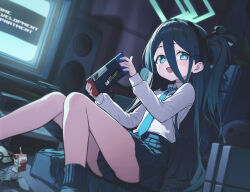 Rule 34 | 1girl, absurdly long hair, absurdres, aris (blue archive), black hair, black hairband, black skirt, black socks, blue archive, blue eyes, blue necktie, blush, collared shirt, goeleu, green halo, hairband, halo, handheld game console, highres, holding, holding handheld game console, indoors, long hair, long sleeves, looking at viewer, necktie, nintendo, nintendo switch, one side up, open mouth, pleated skirt, ringed eyes, shirt, skirt, smile, socks, solo, very long hair, white shirt