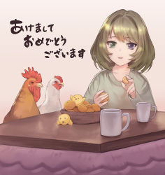 Rule 34 | 10s, 1girl, :d, akeome, animal, beige background, bird, blue eyes, bowl, chick, chicken, chinese zodiac, coffee cup, coffee mug, collarbone, cup, disposable cup, food, fruit, green eyes, green hair, green sweater, happy new year, heterochromia, holding, holding food, idolmaster, idolmaster cinderella girls, kotatsu, long sleeves, looking at viewer, mandarin orange, meto31, mole, mole under eye, mug, new year, open mouth, outstretched wings, rooster, short hair, simple background, smile, solo, sweater, table, takagaki kaede, upper body, year of the rooster