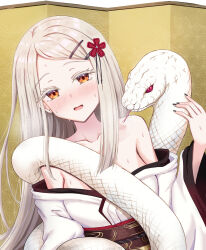 1girl animal bare_shoulders black_nails breasts chinese_zodiac commentary_request fingernails gakuen_idolmaster habu_rin hair_ornament hairclip highres idolmaster japanese_clothes kimono long_hair looking_at_viewer nail_polish obi open_mouth orange_eyes sash shinosawa_hiro small_breasts snake solo sweat upper_body white_kimono year_of_the_snake