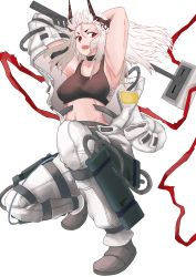 Rule 34 | 1girl, absurdres, arknights, armband, armpits, arms up, bad id, bad pixiv id, bare shoulders, breasts, commentary, crop top, floating hair, grey footwear, hammer, highres, horns, long hair, medium breasts, midriff, mudrock (arknights), mudrock (elite ii) (arknights), navel, open mouth, pants, red eyes, sarashi, shoes, silver hair, simple background, solo, sports bra, stomach, tetsunana, weapon, white background, white pants