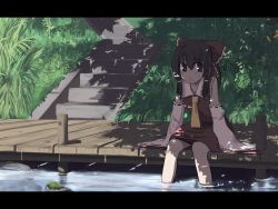 Rule 34 | 1girl, bow, brown eyes, brown hair, detached sleeves, female focus, hair bow, hakurei reimu, japanese clothes, letterboxed, miko, nature, outdoors, plant, shade, sitting, soaking feet, solo, stairs, takuzui, touhou, wallpaper, water