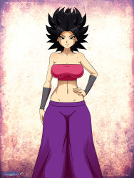Rule 34 | 10s, 1girl, bare shoulders, black eyes, black hair, breasts, caulifla, dragon ball, dragon ball super, female focus, layerth, looking at viewer, medium breasts, midriff, navel, pants, solo, spiked hair, strapless, tube top
