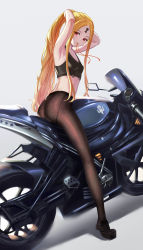 Rule 34 | 1girl, abigail williams (fate), absurdres, adjusting hair, aged up, armpits, arms up, artist name, ass, bare arms, bare shoulders, black footwear, black pantyhose, blonde hair, breasts, closed mouth, collarbone, commentary request, crop top, facial mark, fate/grand order, fate (series), forehead mark, highres, keyhole, legs, long hair, looking at viewer, midriff, motor vehicle, motorcycle, mouth hold, pale skin, pantyhose, parted bangs, ponytail, red eyes, ribbon, ribbon in mouth, shoes, sitting, small breasts, smile, solo, sports bra, tying hair, very long hair, wang man