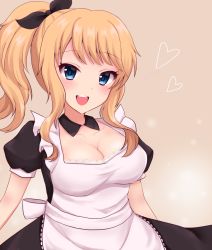 Rule 34 | 10s, 1girl, :d, apron, arms at sides, bad id, bad twitter id, beige background, black dress, black ribbon, blonde hair, blue eyes, blush, breasts, cleavage, collarbone, detached collar, dress, eyelashes, hair ribbon, heart, highres, idolmaster, idolmaster cinderella girls, kmmsakr11, lace, lace trim, long hair, looking at viewer, medium breasts, ohtsuki yui, open mouth, ponytail, puffy short sleeves, puffy sleeves, ribbon, round teeth, short sleeves, sidelocks, simple background, smile, solo, teeth, upper body, waitress, wavy hair, white apron