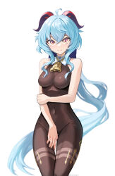 Rule 34 | 1girl, absurdres, ahoge, artist name, bare arms, bare shoulders, bell, blue hair, blush, bodystocking, bodysuit, bow, breasts, covered navel, covering privates, covering crotch, covering privates, ganyu (genshin impact), genshin impact, groin, highres, horns, kyamagwi, long hair, low ponytail, medium breasts, neck bell, no gloves, purple eyes, sidelocks, sleeveless, solo, standing, thigh gap, thighlet, thighs, twitter username, wavy mouth, white background