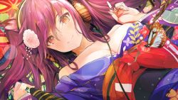 Rule 34 | 1girl, animal ears, ashigara (azur lane), ashigara (brief intermission) (azur lane), azur lane, branch, breasts, bug, butterfly, cleavage, collarbone, commentary request, flower, headphones, insect, japanese clothes, kimono, long hair, looking at viewer, medium breasts, portrait, purple hair, smile, solo, tetsujin momoko, twintails, yellow eyes, yukata