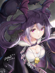 Rule 34 | 1girl, arknights, artist name, bat wings, blush, breasts, cleavage, collarbone, commentary request, dated, fur trim, hair ornament, hairclip, head wings, highres, hood, hood down, jewelry, long hair, looking at viewer, manticore (arknights), necklace, open mouth, pointy ears, purple eyes, purple hair, revision, scorpion tail, shirt, signature, solo, tail, twintails, upper body, white shirt, wings, yukinoshiro