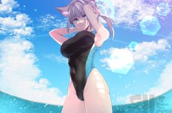 Rule 34 | 1girl, animal ear fluff, animal ears, arms behind head, blue archive, blue eyes, blue sky, cloud, commentary request, competition swimsuit, cowboy shot, cross hair ornament, day, grey hair, hair ornament, halo, highleg, highleg swimsuit, highres, horizon, lens flare, medium hair, mismatched pupils, ocean, one-piece swimsuit, outdoors, shiroko (blue archive), shiroko (swimsuit) (blue archive), sky, solo, swimsuit, tajima yoshikazu