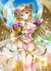 Rule 34 | 1girl, absurdly long hair, bad id, bad pixiv id, blonde hair, blush, braid, breasts, brooch, cleavage, collarbone, corn, crossed arms, detached collar, dress, feathered wings, feathers, flower, gem, hair flower, hair ornament, head tilt, head wreath, horns, jewelry, long hair, looking at viewer, original, petals, pink dress, purple eyes, single braid, smile, solo, standing, tareme, thigh strap, very long hair, wheat, wind, wings, yoshino35