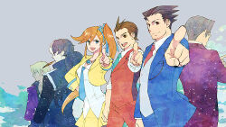 Rule 34 | 1girl, 5boys, :d, ace attorney, apollo justice, athena cykes, blue jacket, blue pants, brown eyes, brown hair, collared shirt, commentary request, cropped jacket, green necktie, hair ribbon, jacket, klavier gavin, miles edgeworth, multiple boys, necktie, open mouth, orange hair, orange vest, pants, phoenix wright, phoenix wright: ace attorney - dual destinies, pointing, pointing at viewer, red necktie, ribbon, satoo, shirt, short hair, side ponytail, simon blackquill, skirt, smile, vest, white shirt, yellow jacket, yellow skirt