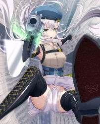 Rule 34 | 1girl, absurdres, aiming, aiming at viewer, beret, blue hat, boots, commentary request, convenient censoring, cross-laced footwear, eiyuu densetsu, emphasis lines, falcom, fie claussell, green eyes, grey hair, gun, hat, highres, holding, holding gun, holding weapon, kuro no kiseki, long hair, midair, navel, open mouth, solo, thigh boots, weapon, witch f