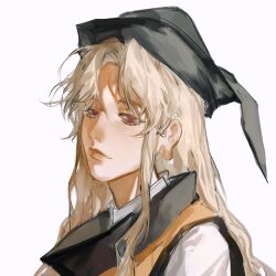 Rule 34 | 1girl, black headwear, blonde hair, closed mouth, commentary, heinrich (fernanderuddle), highres, long earlobes, long hair, looking at viewer, matara okina, red eyes, simple background, solo, symbol-only commentary, touhou, upper body, white background