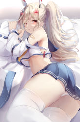Rule 34 | 1girl, :o, arm up, ass, ayanami (azur lane), azur lane, bandaid, bandaid on arm, bed sheet, blue sailor collar, blue skirt, blush, brown hair, commentary request, dated, detached sleeves, feet out of frame, hair ornament, hairclip, hand up, headgear, highres, long hair, long sleeves, looking at viewer, looking to the side, natuna natu, panties, parted lips, pleated skirt, ponytail, red eyes, sailor collar, shirt, skirt, sleeveless, sleeveless shirt, solo, thighhighs, underwear, very long hair, white panties, white shirt, white sleeves, white thighhighs, wide sleeves