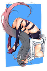 Rule 34 | 1girl, black shorts, blue background, breasts, closed mouth, clothing cutout, falling, flip, floating hair, full body, grey hair, hands in pockets, highres, laevateinn (phantom of the kill), large breasts, nick (anbandante), nipples, phantom of the kill, pointy footwear, red eyes, shorts, side cutout, sideboob, solo, thigh strap, zipper