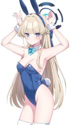 Rule 34 | 1girl, animal ears, blonde hair, blue archive, blue eyes, blue halo, blue leotard, blush, breasts, cleavage, closed mouth, commentary, covered navel, fake animal ears, fake tail, halo, hands up, highres, leotard, long hair, looking at viewer, medium breasts, murase48, official alternate costume, playboy bunny, rabbit ears, rabbit tail, simple background, solo, tail, thighhighs, thighs, toki (blue archive), toki (bunny) (blue archive), white background, white thighhighs