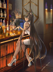 Rule 34 | 1girl, alcohol, animal ear fluff, animal ears, ark order, armband, ashtray, bar (place), bar stool, bare shoulders, bracelet, breasts, brown hair, chinese commentary, cocktail glass, counter, crossed bangs, cup, dark-skinned female, dark skin, dress, drinking glass, ear piercing, full body, gem, gold choker, golden miocola, hair between eyes, hair ornament, high heels, highres, jewelry, knees together feet apart, liquor, long hair, looking back, piercing, pumps, refrigerator, shelf, sideboob, signature, sitting, slit pupils, solo, stool, strappy heels, very long hair, white dress, yellow eyes