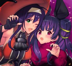 Rule 34 | 2girls, animal ears, bat ears, black gloves, blue hair, breasts, fake animal ears, fingerless gloves, fire emblem, fire emblem: path of radiance, fire emblem: the sacred stones, fire emblem heroes, fur trim, gloves, green eyes, halloween costume, headband, highres, large breasts, long hair, long sleeves, mia (fire emblem), multi-tied hair, multiple girls, myrrh (fire emblem), nintendo, one eye closed, open mouth, purple background, purple hair, red eyes, simple background, sou mei, twintails, white headband