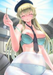 Rule 34 | 1girl, absurdres, bad id, bad pixiv id, beret, between breasts, blonde hair, blush, bra, bra pull, breasts, carpaccio (girls und panzer), closed eyes, clothes pull, earbuds, earphones, girls und panzer, hat, highres, large breasts, long hair, necktie, necktie between breasts, nipples, panties, panties under pantyhose, pantyhose, see-through, see-through legwear, solo, tearing up, underwear, yamikota