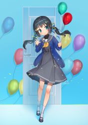 Rule 34 | 1girl, balloon, black hair, blue eyes, bow, door, dress, female focus, hair bow, hair ornament, highres, holding, holding balloon, jacket, mitake eil, original, shoes, signature, smile, socks, solo, twintails, waving, yellow bow