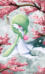 Rule 34 | 1girl, absurdres, artist name, bob cut, cherry blossoms, colored skin, creatures (company), day, female focus, flat chest, flower, full body, game freak, gardevoir, gen 3 pokemon, grass, green hair, green skin, hair over one eye, hand to own mouth, hand up, happy, highres, jaggy lines, looking to the side, looking up, multicolored skin, nintendo, on ground, one eye covered, open mouth, outdoors, petals, pink flower, pokemon, pokemon (creature), red eyes, short hair, sitting, smile, solo, thekingunder, tree, twitter username, two-tone skin, watermark, white skin