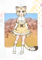 Rule 34 | 10s, animal ears, bare shoulders, blonde hair, blush, bow, bowtie, cat ears, cat tail, commentary request, elbow gloves, gloves, highres, kemono friends, multicolored hair, open mouth, sand cat (kemono friends), shirt, short hair, skirt, sleeveless, solo, striped tail, tail, umigarasu (kitsune1963), yellow eyes