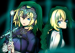 Rule 34 | 2girls, armor, armored dress, blonde hair, blue eyes, bow, bowtie, braid, breasts, buttons, closed mouth, collared shirt, dress, eyebrows, fate/apocrypha, fate/grand order, fate (series), gloves, hair between eyes, headpiece, highres, holding, holding weapon, jeanne d&#039;arc (fate), jeanne d&#039;arc (ruler) (fate), long hair, looking at viewer, multiple girls, necktie, one eye closed, shirt, short sleeves, standing, sword, very long hair, vest, weapon, white shirt
