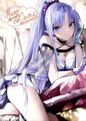 Rule 34 | 1girl, bare shoulders, barefoot, blue dress, blue eyes, blue gloves, blue hair, blush, breasts, collarbone, dress, fate/grand order, fate (series), gloves, kino kokko, long hair, looking at viewer, medea (lily) (fate), pointy ears, ponytail, sidelocks, small breasts, smile, solo