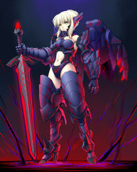 Rule 34 | 1girl, adapted costume, armor, armored boots, artoria pendragon (all), artoria pendragon (fate), blonde hair, boots, braid, clothing cutout, dark persona, excalibur morgan (fate), fate/grand order, fate/stay night, fate (series), french braid, full body, gauntlets, high heels, highleg, highleg leotard, highres, holding, holding sword, holding weapon, leotard, looking at viewer, mecha musume, mechanical wings, navel, pale skin, saber alter, solo, standing, stomach cutout, substance20, sword, thigh boots, weapon, wings, yellow eyes