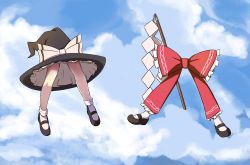 Rule 34 | 2girls, black footwear, black headwear, bow, cloud, day, frilled bow, frilled hat, frills, gohei, hakurei reimu, hat, hat bow, highres, kirisame marisa, legs, mary janes, multiple girls, red bow, shoes, sky, symbol-only commentary, teeramet, touhou, what, white bow, white legwear, witch hat