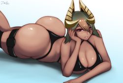 Rule 34 | 1girl, ass, bare shoulders, bikini, blush, breasts, fire emblem, fire emblem heroes, green hair, hair ornament, highres, horns, huge ass, laegjarn (fire emblem), large breasts, looking at viewer, lying, medium hair, nintendo, on stomach, parted lips, red eyes, shiny clothes, shiny skin, smile, solo, swimsuit, thick thighs, thigh strap, thighs, thong bikini, zelc-face