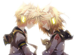 Rule 34 | 1boy, 1girl, blonde hair, brother and sister, closed eyes, face-to-face, forehead-to-forehead, hair ornament, hair ribbon, hairclip, headphones, heads together, kagamine len, kagamine rin, necktie, ribbon, short hair, siblings, twins, vocaloid, yyukke