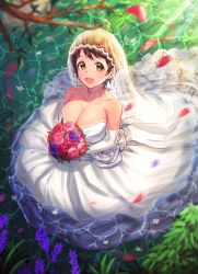 Rule 34 | 10s, 1girl, :d, alternate costume, apple brk, bare shoulders, bouquet, breasts, bridal veil, brown eyes, brown hair, bush, choker, cleavage, collarbone, dress, earrings, elbow gloves, falling petals, flower, gloves, holding, holding bouquet, idolmaster, idolmaster cinderella girls, jewelry, large breasts, long dress, looking at viewer, oikawa shizuku, open mouth, outdoors, partially submerged, petals, pink flower, pink rose, purple flower, red flower, rose, short hair, smile, solo, strapless, strapless dress, stud earrings, sunlight, veil, wedding dress, white dress, white gloves, yellow eyes
